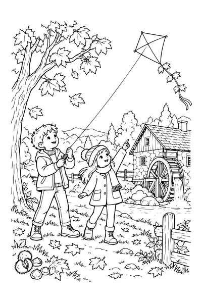 Coloriage: Enfants faisant voler un cerf-volant près d’un moulin à eau.