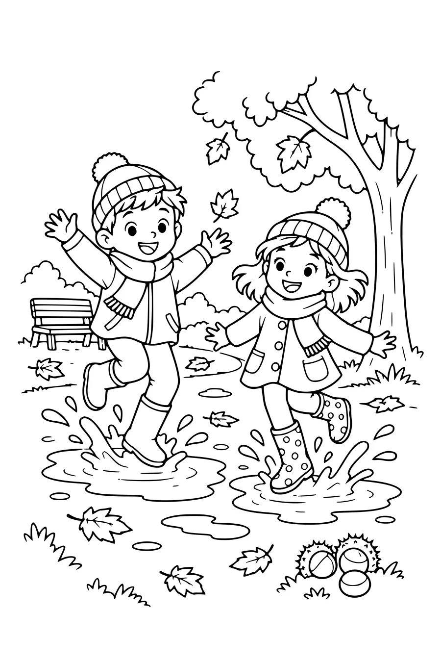 Ausmalbild: Kinder springen in Pfützen im Park.