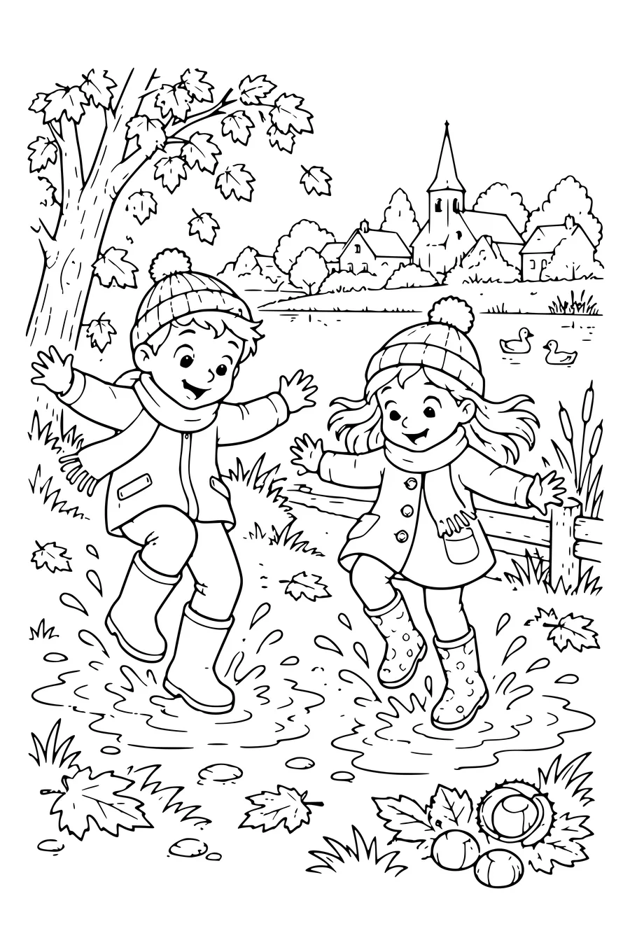 Coloriage: Enfants sautant dans les flaques près de l’étang.