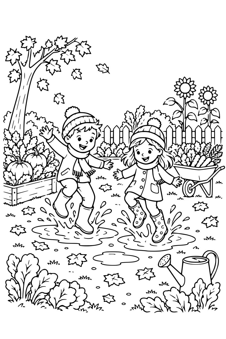 Ausmalbild: Kinder springen in Pfützen im Gemüsegarten.