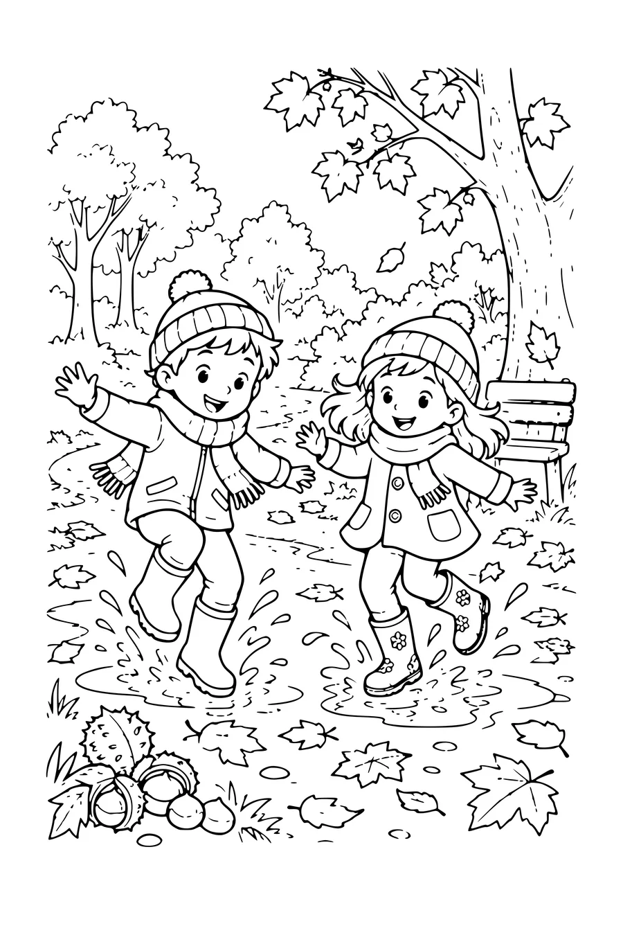 Ausmalbild: Kinder springen in Pfützen an einer Waldbank.