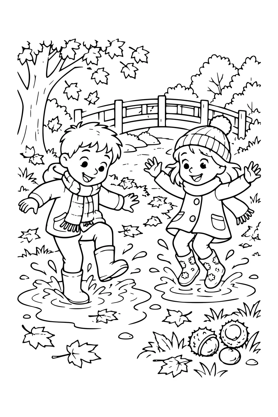 Coloriage: Enfants sautant dans les flaques près d’un pont en bois.