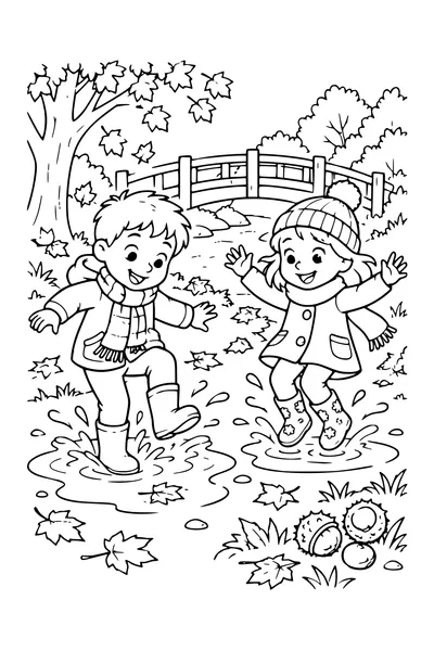 Coloriage: Enfants sautant dans les flaques près d’un pont en bois.