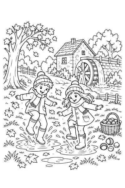 Coloriage: Enfants sautant dans les flaques près d’un moulin à eau.