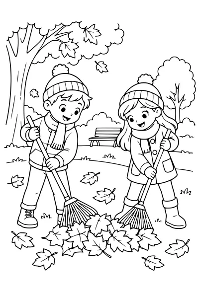 Coloriage: Enfants ratissant les feuilles au parc.
