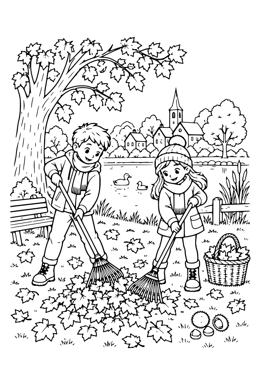 Coloriage: Enfants ratissant les feuilles près de l’étang.