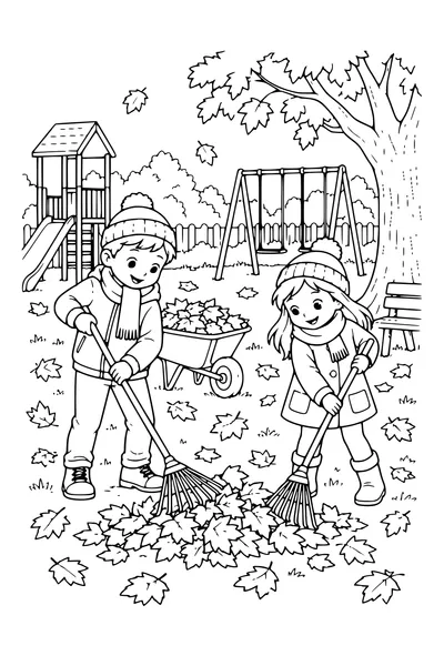 Coloriage: Enfants ratissant les feuilles dans la cour de récréation.