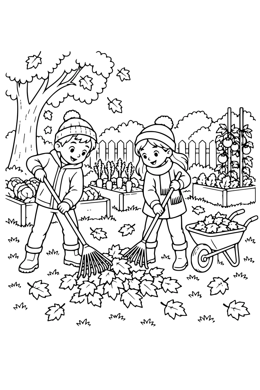 Coloring page: Children raking leaves in the vegetable garden.