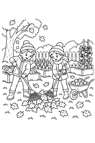 Coloriage: Enfants ratissant les feuilles au potager.