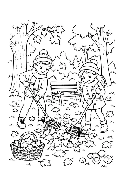 Coloriage: Enfants ratissant les feuilles près d’un banc forestier.