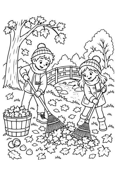 Coloriage: Enfants ratissant les feuilles près d’un pont en bois.