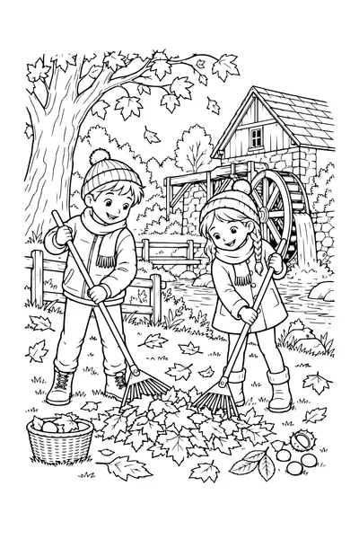 Coloriage: Enfants ratissant les feuilles près d’un moulin à eau.