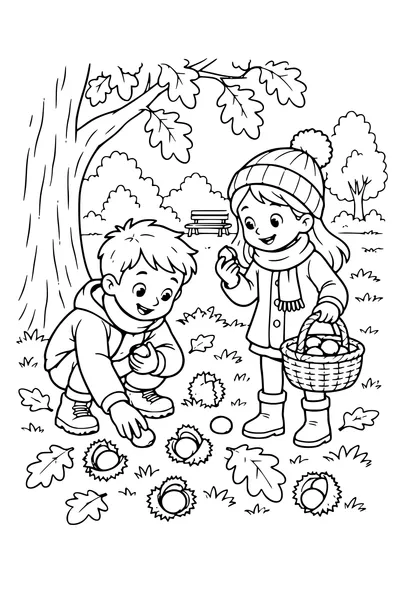 Coloriage: Enfants cherchant des châtaignes au parc.