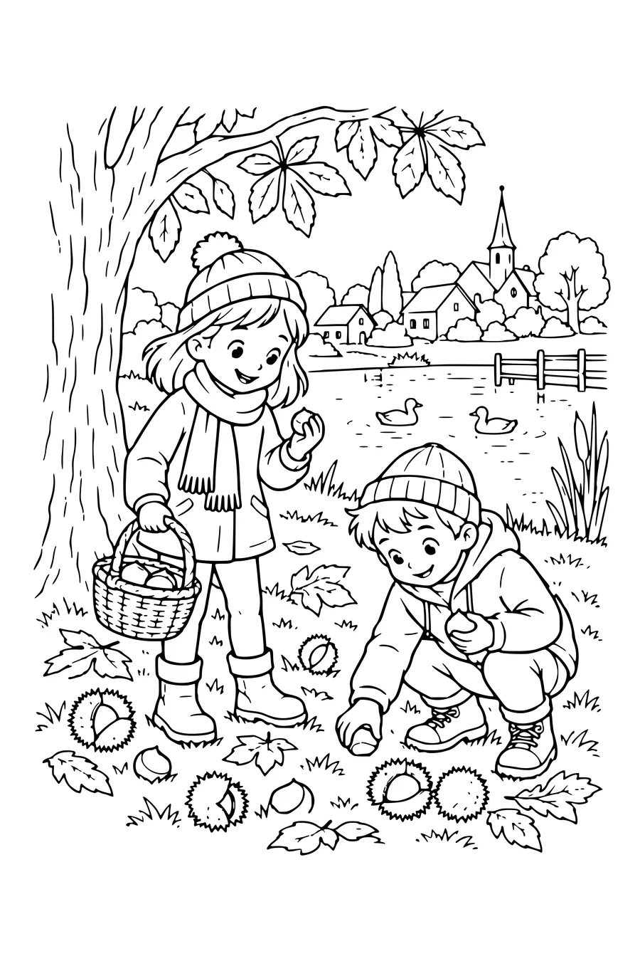 Coloriage: Enfants cherchant des châtaignes près de l’étang.