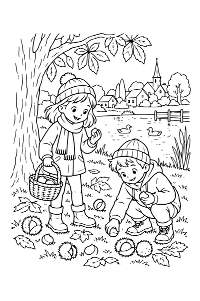 Coloriage: Enfants cherchant des châtaignes près de l’étang.