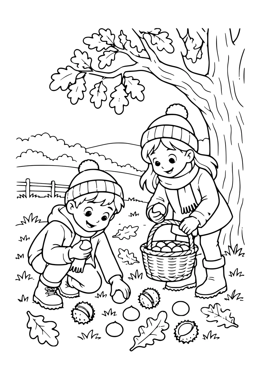 Ausmalbild: Kinder suchen Kastanien bei einer alten Eiche.