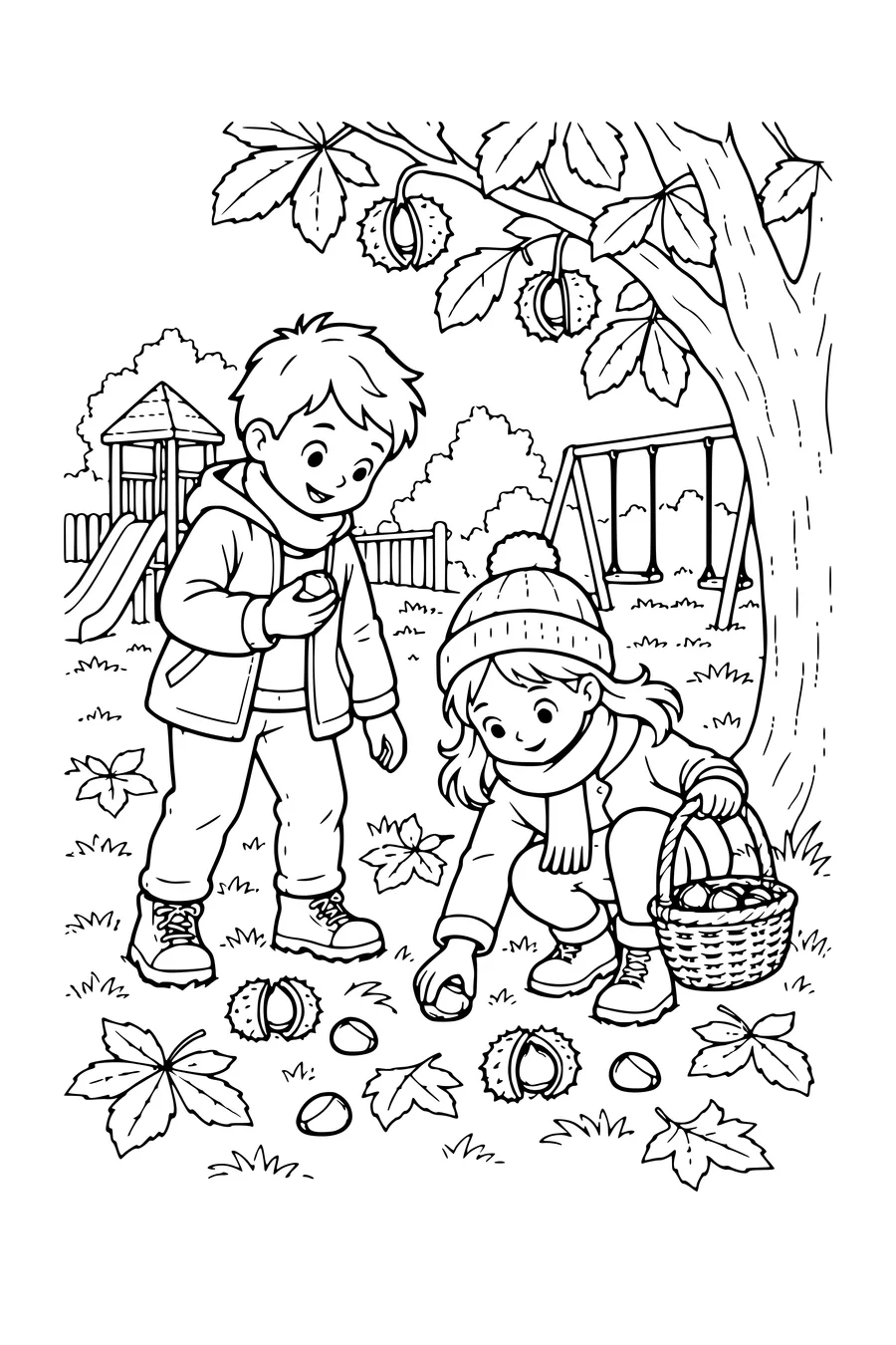 Coloriage: Enfants cherchant des châtaignes dans la cour de récréation.