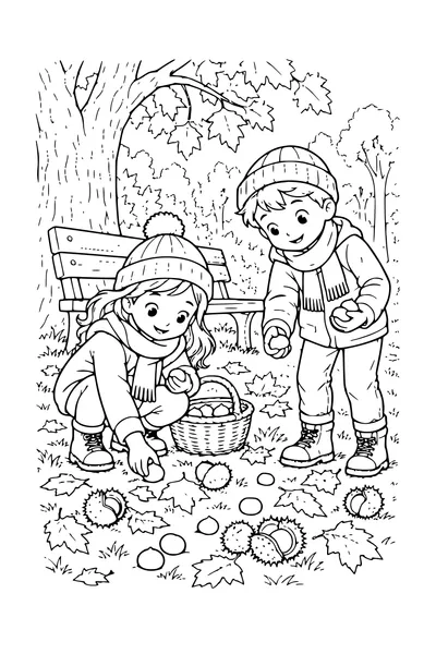 Coloriage: Enfants cherchant des châtaignes près d’un banc forestier.
