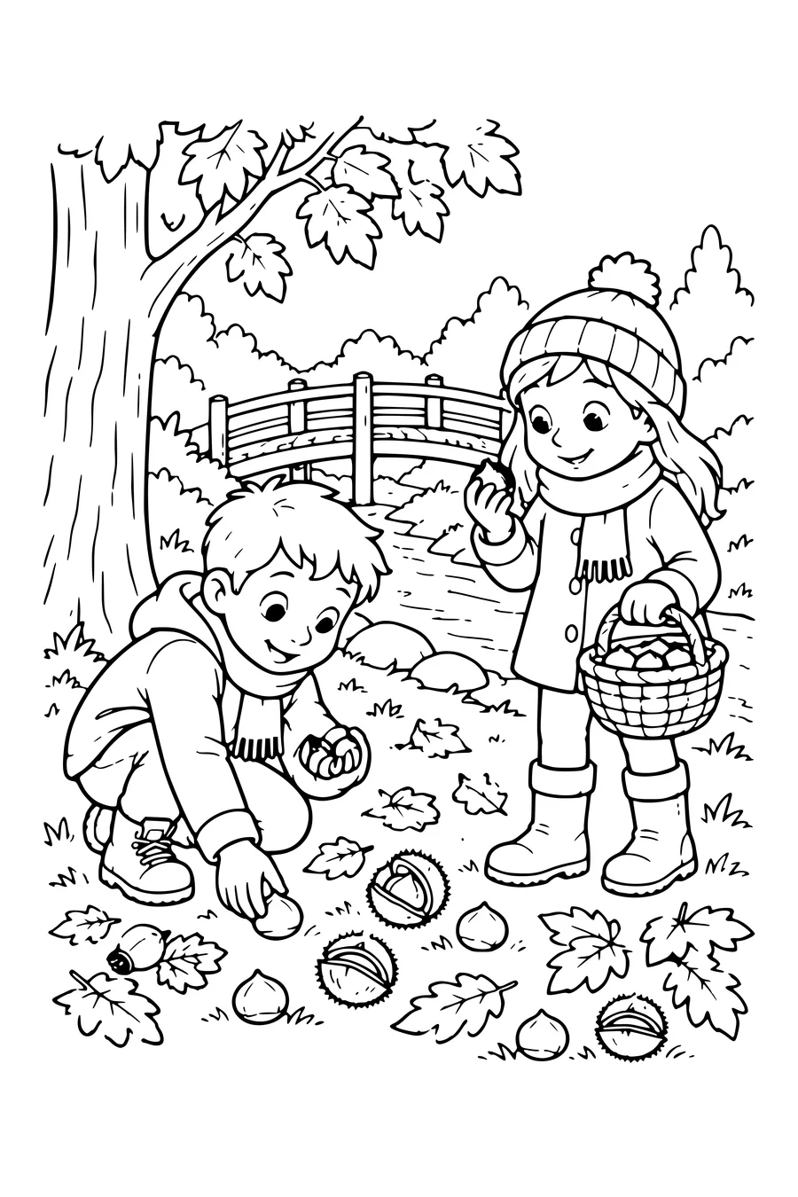 Ausmalbild: Kinder suchen Kastanien an einer Holzbrücke.