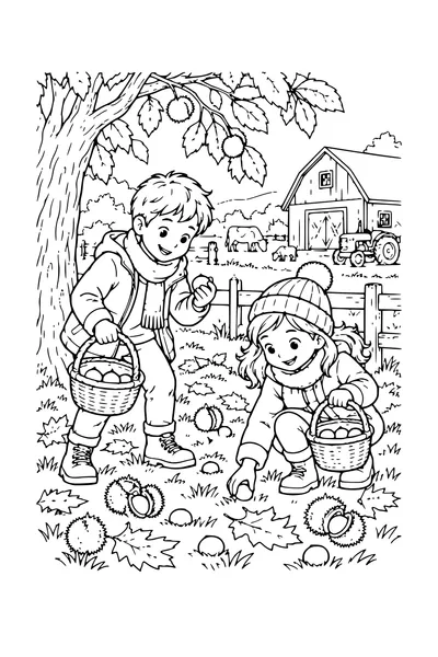 Coloriage: Enfants cherchant des châtaignes près d’une ferme.