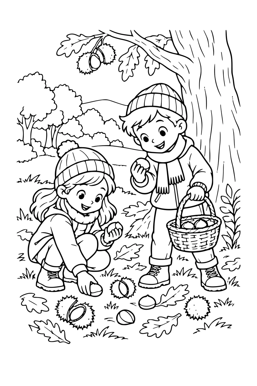 Ausmalbild: Kinder suchen Kastanien am Waldrand.