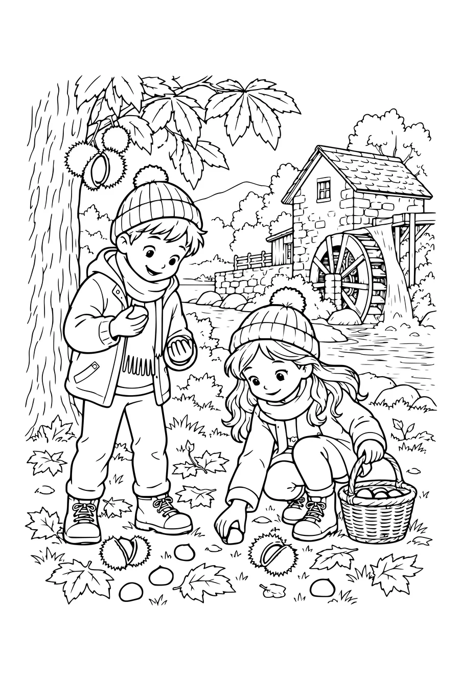 Coloriage: Enfants cherchant des châtaignes près d’un moulin à eau.
