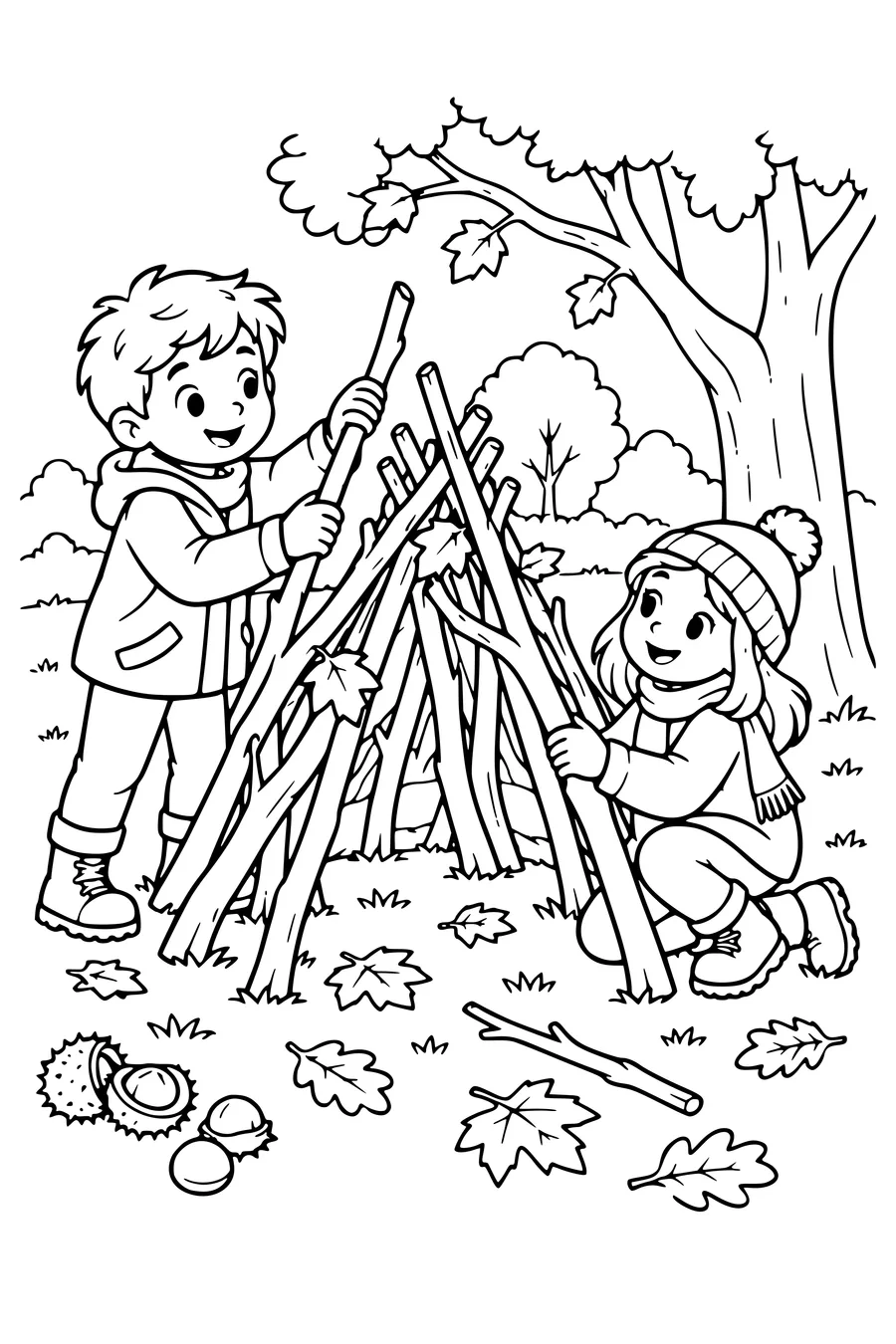Ausmalbild: Kinder bauen eine Asthütte im Park.