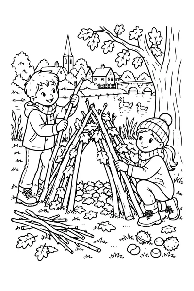 Coloriage: Enfants construisant une cabane près de l’étang.