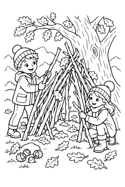 Coloriage: Enfants construisant une cabane près d’un vieux chêne.