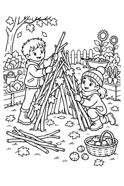 Coloriage: Enfants construisant une cabane au potager.