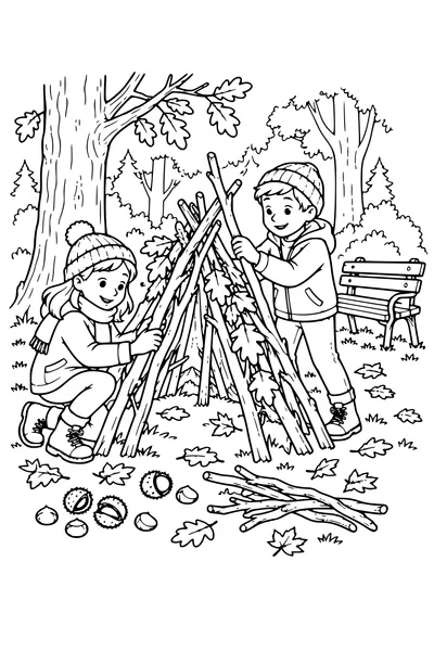 Coloriage: Enfants construisant une cabane près d’un banc forestier.