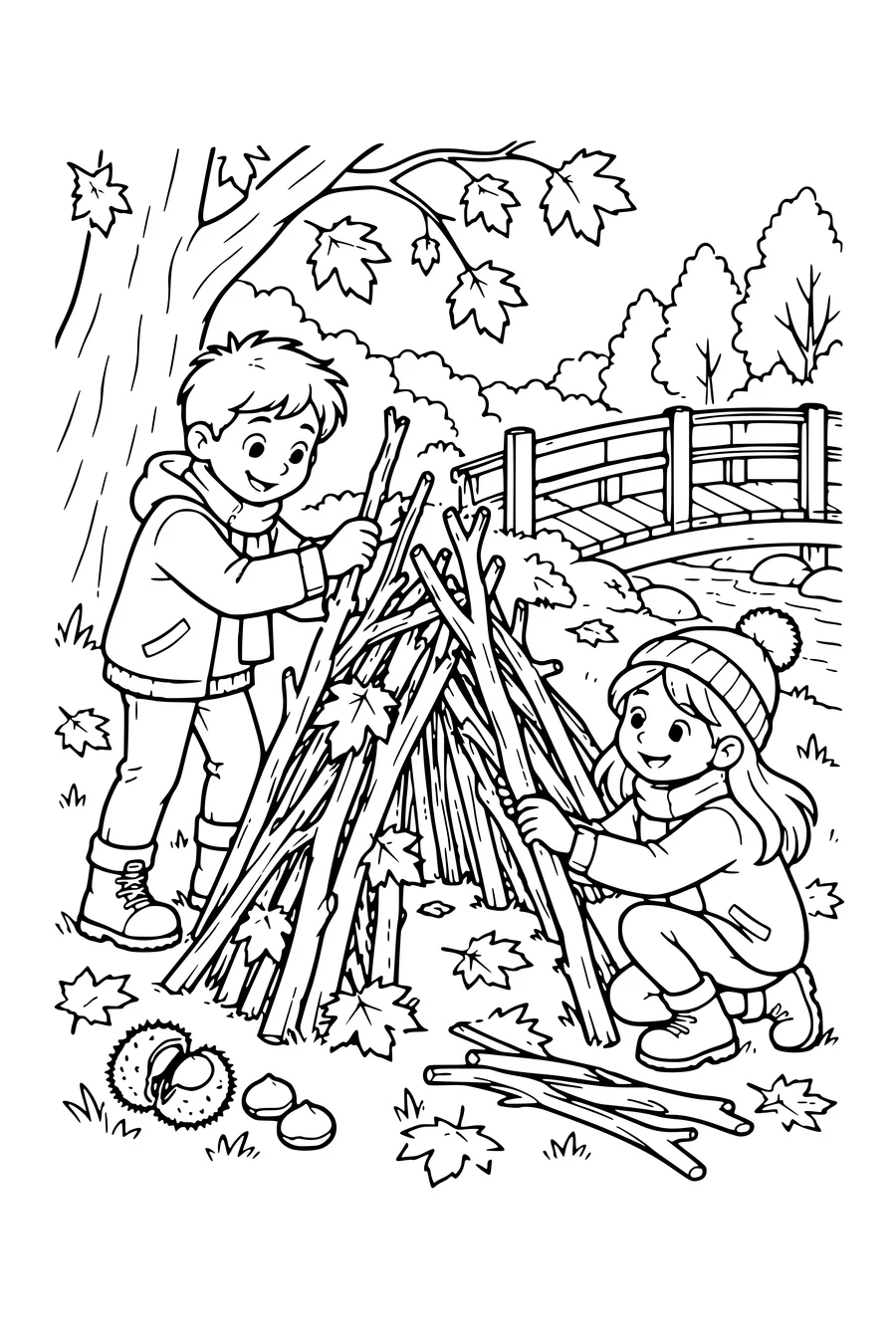 Coloring page: Children building a twig den beside a wooden bridge.