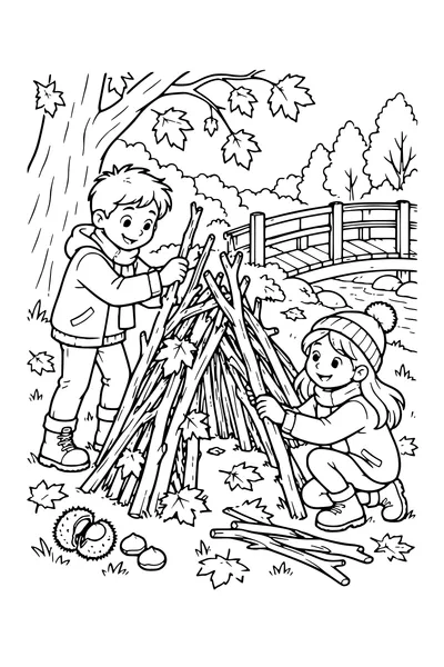 Coloriage: Enfants construisant une cabane près d’un pont en bois.