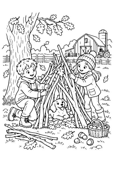 Coloriage: Enfants construisant une cabane près d’une ferme.