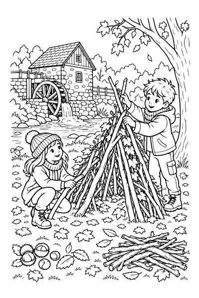Coloriage: Enfants construisant une cabane près d’un moulin à eau.