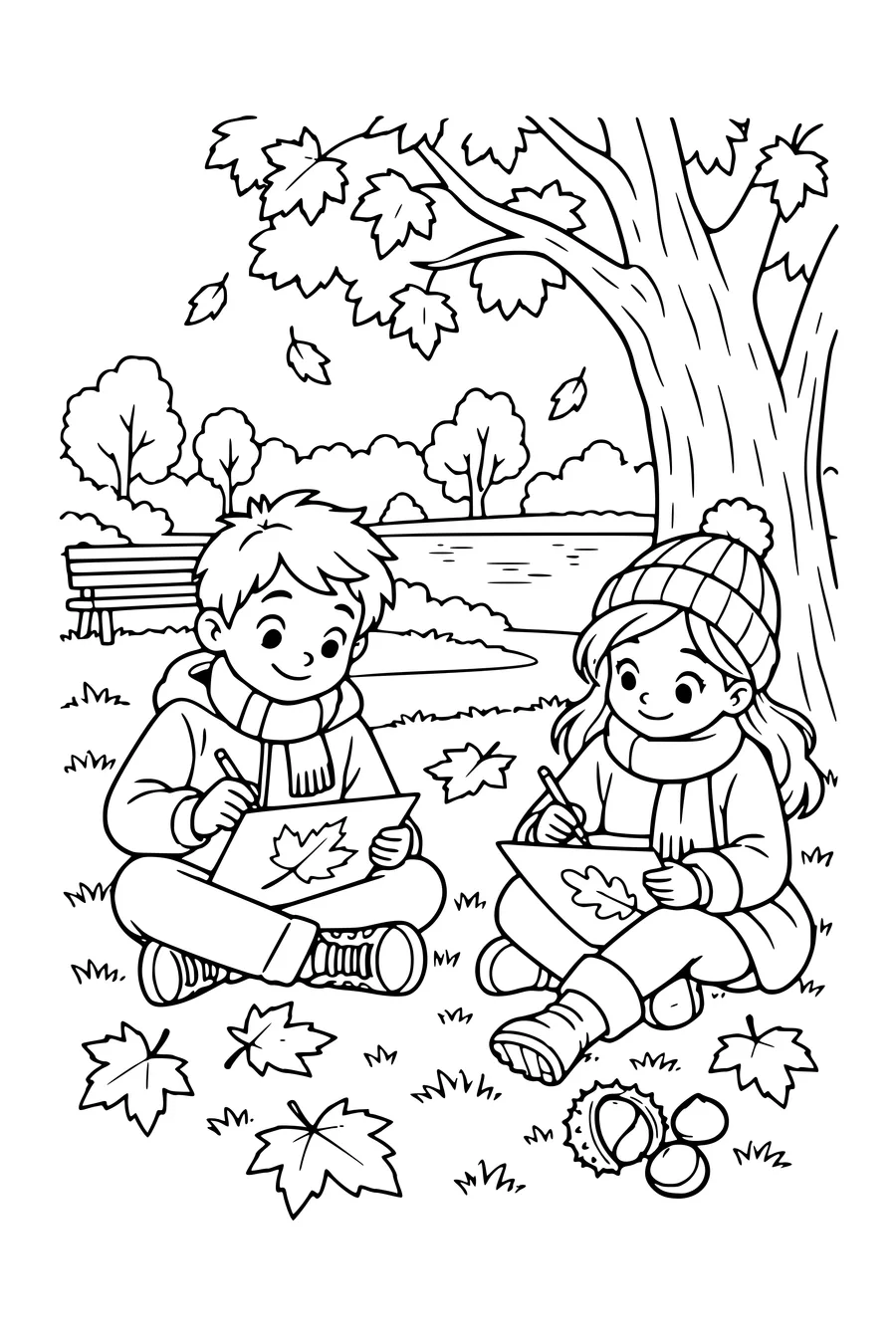 Coloring page: Children drawing autumn in the park.