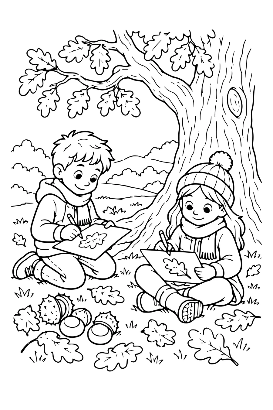Ausmalbild: Kinder zeichnen den Herbst bei einer alten Eiche.