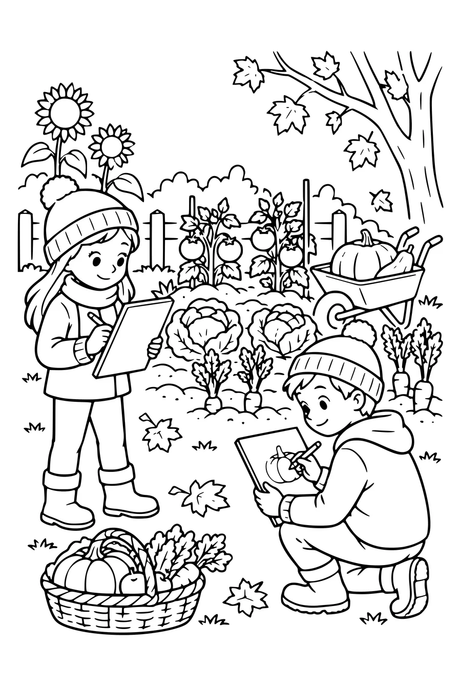 Ausmalbild: Kinder zeichnen den Herbst im Gemüsegarten.