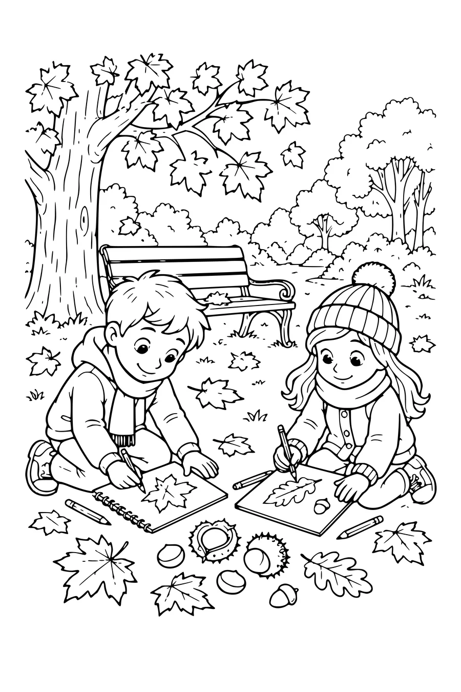 Ausmalbild: Kinder zeichnen den Herbst an einer Waldbank.