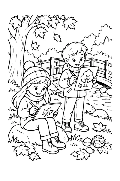 Coloriage: Enfants dessinant l’automne près d’un pont en bois.