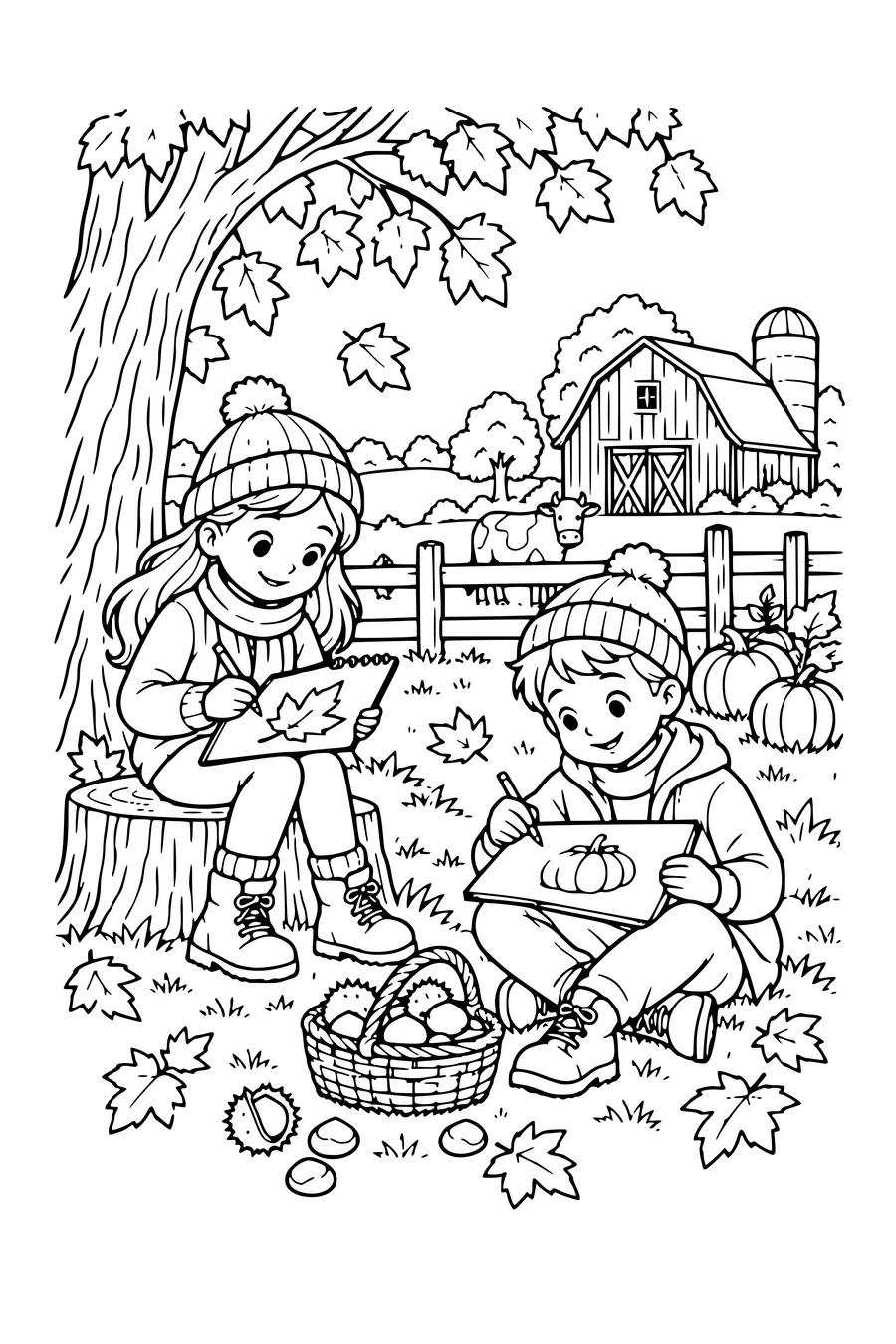Coloriage: Enfants dessinant l’automne près d’une ferme.