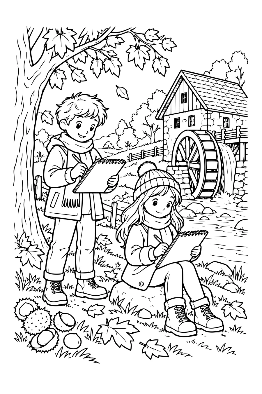 Coloring page: Children drawing autumn beside a watermill.