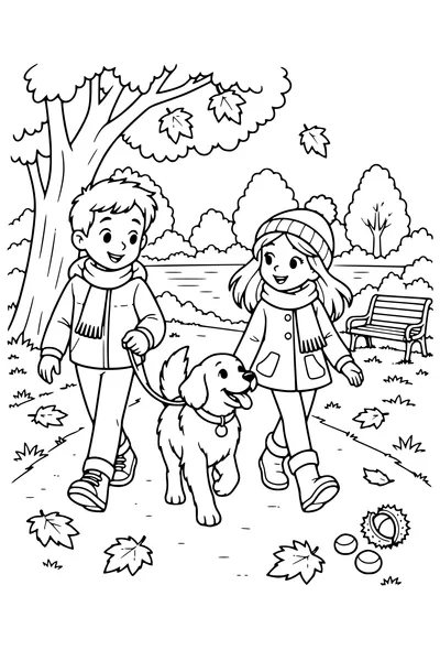 Coloriage: Enfants promenant un chien au parc.