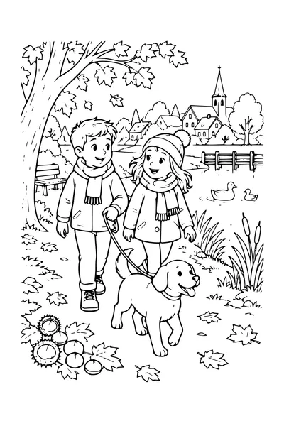 Coloriage: Enfants promenant un chien près de l’étang.