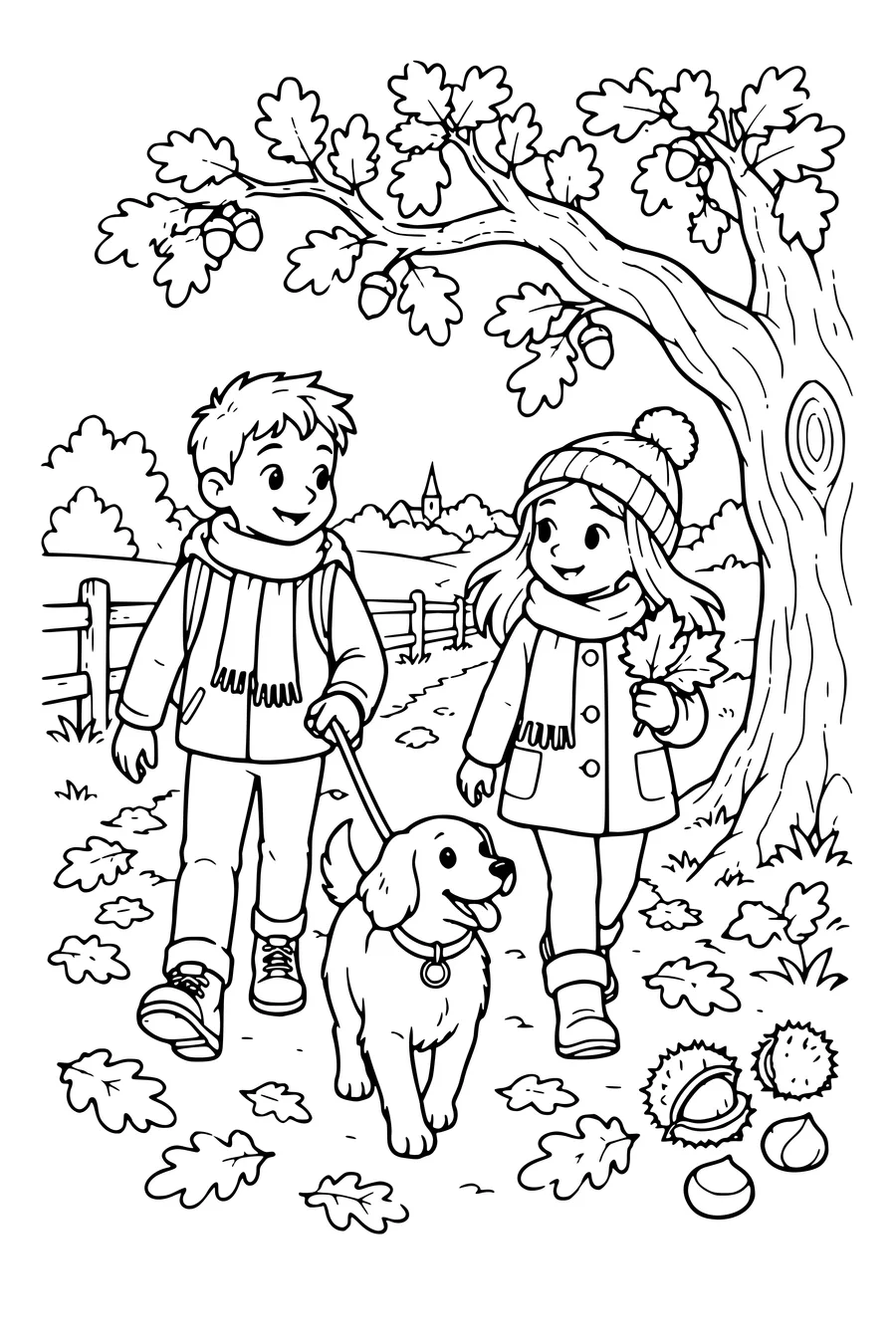 Coloriage: Enfants promenant un chien près d’un vieux chêne.