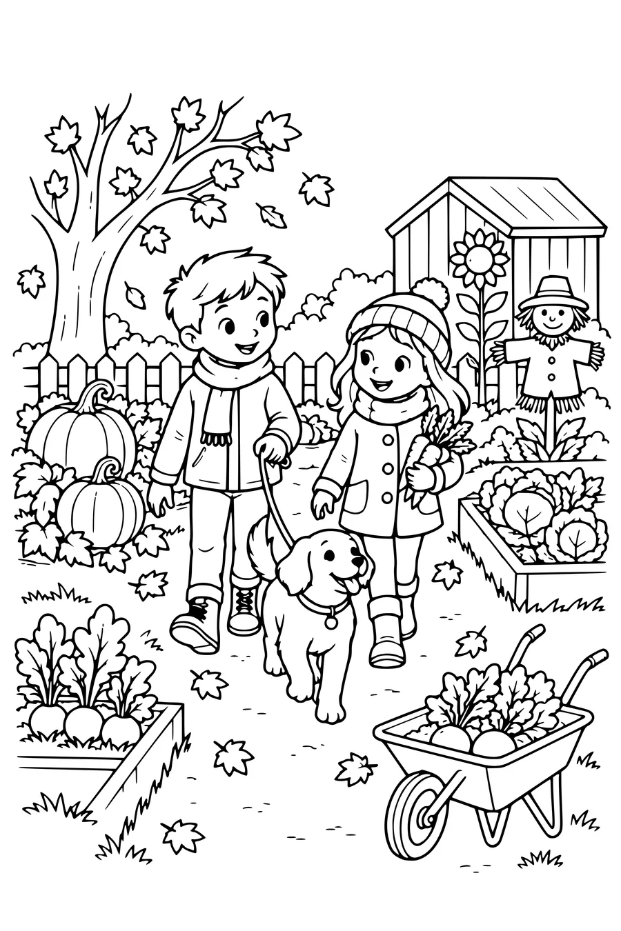 Coloriage: Enfants promenant un chien au potager.