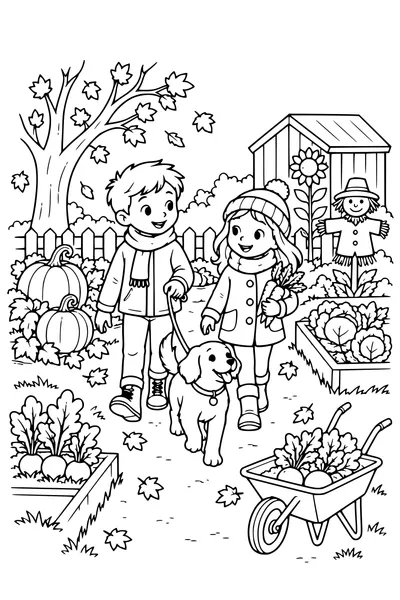 Coloriage: Enfants promenant un chien au potager.