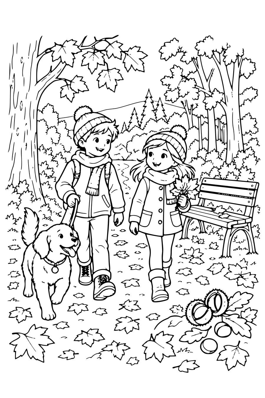 Coloriage: Enfants promenant un chien près d’un banc forestier.