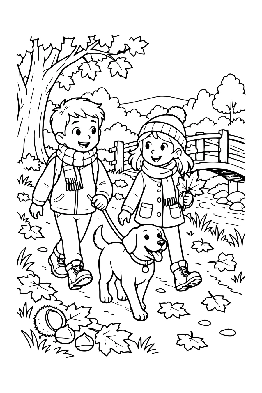 Ausmalbild: Kinder gehen mit einem Hund spazieren an einer Holzbrücke.