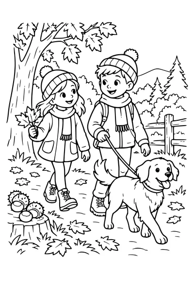 Coloriage: Enfants promenant un chien à la lisière du bois.